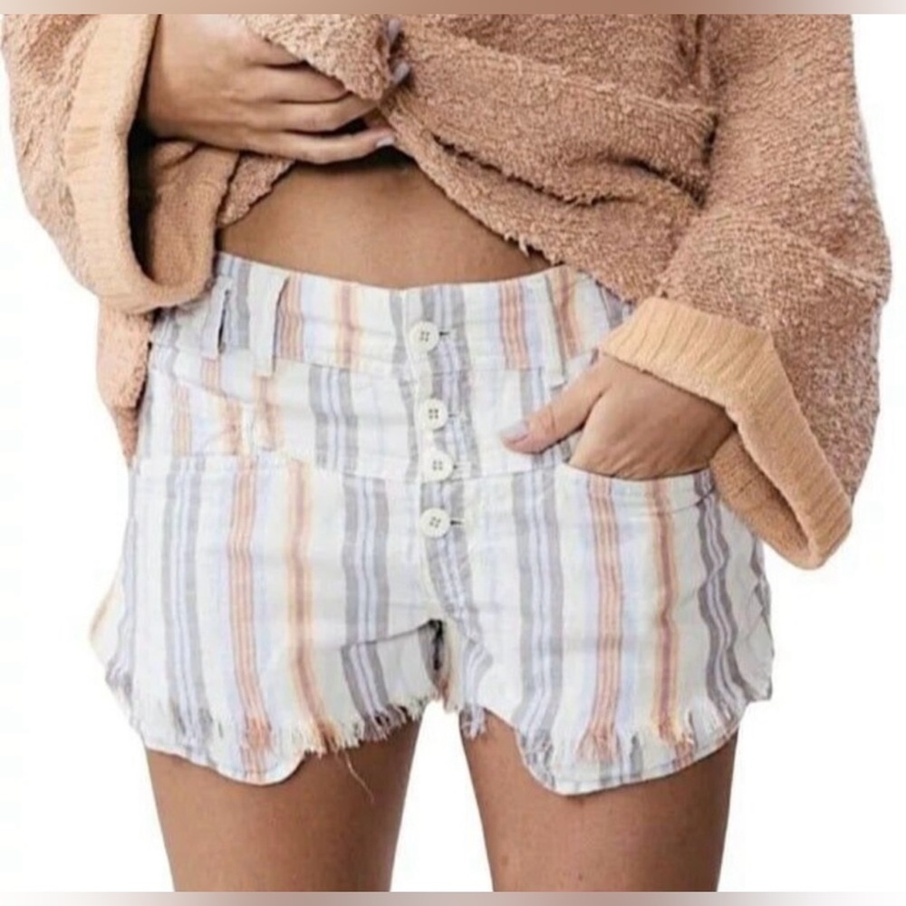 Free People Morning Rain Striped Linen Shorts size 2 frayed hem pastel